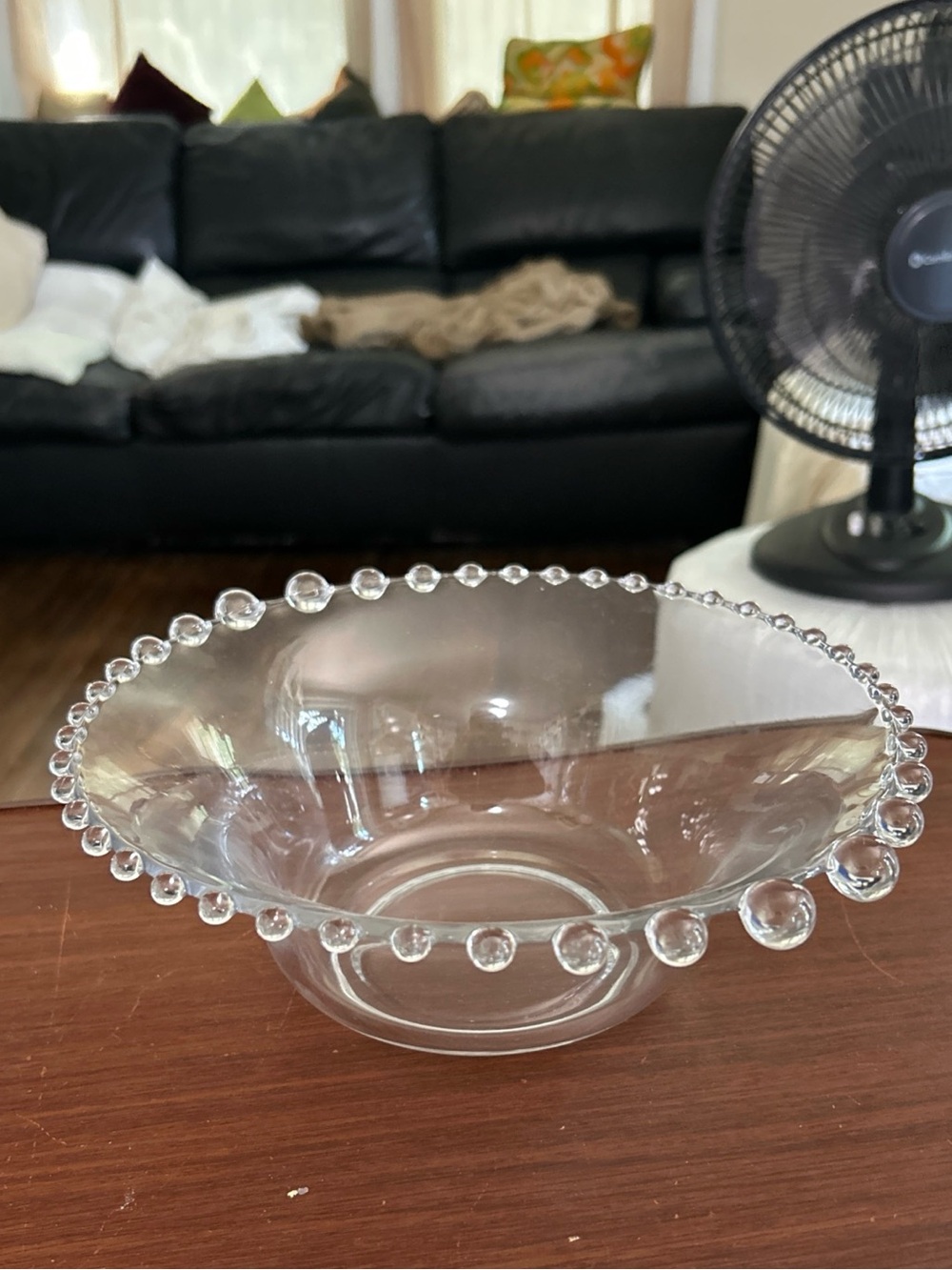 Vintage imperial candlewick glass serving bowl with Hobnail rim. 10” across.